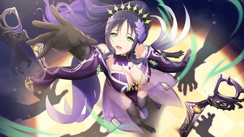 1girl argyle_background bare_shoulders black_gloves black_hair breasts checkered_background checkered_floor cleavage crescent_moon dana_darrell_domyoji deep_one_kyomu_to_mugen_no_fragment dress floating_hair foreshortening gloves green_eyes hair_ornament large_breasts long_hair looking_at_viewer moon natsuhiko non-web_source open_mouth outstretched_arm outstretched_hand purple_dress purple_hair reaching reaching_towards_viewer solo sparkle thighhighs twintails yellow_eyes