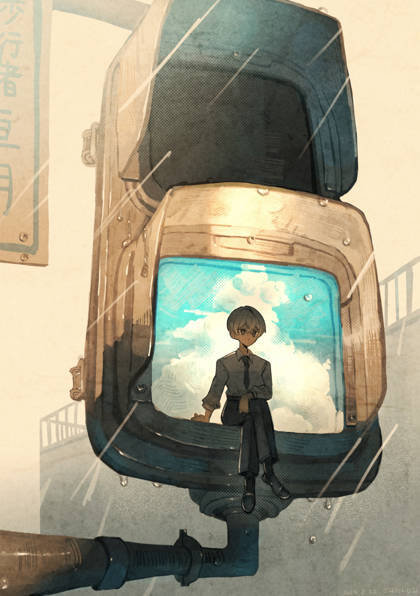1boy absurdres arm_on_own_leg arm_support black_necktie black_pants black_shoes black_socks blue_sky bright_pupils brown_eyes building closed_mouth cloud collared_shirt commentary_request crossed_bangs crossed_legs cumulonimbus_cloud dot_mouth dress_shirt hair_between_eyes highres jimini_shijimi long_bangs long_sleeves mini_person necktie no_nose original outdoors overcast pants railing rain shirt shoes short_hair sign sitting sky socks solo traffic_light unamused white-haired_man_(jimini_shijimi) white_hair white_pupils white_shirt wide_shot