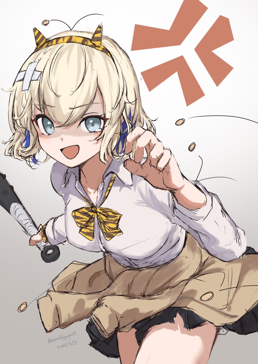 1girl anger_vein beans black_skirt blonde_hair blue_eyes blue_hair bow bowtie breasts clothes_around_waist club_(weapon) collared_shirt crossed_bandaids dated fake_horns gloire_(kancolle) gloire_kai_(kancolle) gloire_kai_(setsubun)_(kancolle) gradient_background highres holding holding_club holding_weapon horns kantai_collection looking_at_viewer medium_breasts open_mouth pleated_skirt setsubun shaded_face shirt short_hair simple_background skirt solo twitter_username umibudou weapon white_shirt