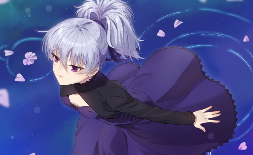 1girl blue_dress blue_ribbon blurry blurry_foreground closed_mouth commentary darker_than_black depth_of_field dress from_above grey_hair hair_ribbon kamille_(vcx68) light_frown long_sleeves looking_to_the_side medium_dress medium_hair on_liquid petals petals_on_liquid ponytail purple_eyes ribbon solo standing water yin_(darker_than_black)