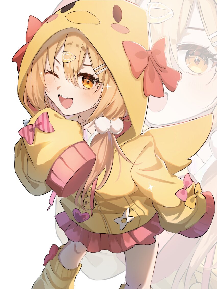 1girl ;d animal_hood badge bird_hood blonde_hair blue_bow blush bow bow_legwear button_badge commentary_request diagonal-striped_bow double-parted_bangs eyelashes fake_wings feet_out_of_frame hair_between_eyes hair_ornament hairclip hand_up heart heart-shaped_pupils heart_ornament highres holographic_clothing hood hood_up hooded_jacket indie_virtual_youtuber iridescent jacket jacket_bow kneehighs long_bangs long_hair long_sleeves looking_at_viewer low_twintails official_alternate_costume official_alternate_hairstyle one_eye_closed open_mouth pmaru-sama pmaru-sama_(3rd_costume) pmaru-sama_(artist) pom_pom_(clothes) pom_pom_hair_ornament purple_bow red_bow sleeves_past_fingers sleeves_past_wrists smile socks solo sparkle symbol-shaped_pupils teeth twintails upper_teeth_only virtual_youtuber white_background wings yellow_bow yellow_eyes yellow_jacket yellow_socks zoom_layer