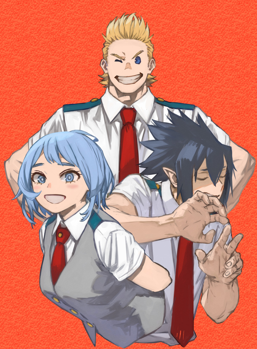 1girl 2boys absurdres amajiki_tamaki arms_behind_back black_hair blonde_hair blue_hair boku_no_hero_academia closed_eyes commentary_request grey_vest grin hado_nejire hands_on_own_hips highres multiple_boys necktie one_eye_closed orange_background red_necktie scared school_uniform smile togata_mirio u.a._school_uniform vest yomoyama_yotabanashi