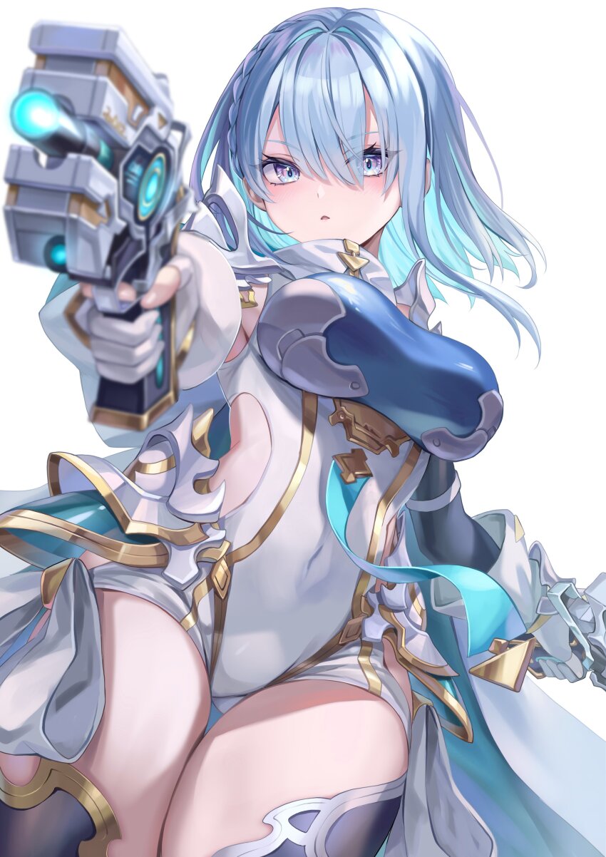1girl absurdres aiming akami770 armor blue_eyes blue_hair bodysuit braid breasts clothing_cutout colored_inner_hair commentary covered_navel dreizehn_(shadowverse) dual_wielding gloves gold_trim gun hair_between_eyes highres holding holding_gun holding_weapon large_breasts looking_at_viewer multicolored_hair open_mouth partially_fingerless_gloves pointing pointing_at_viewer shadowverse shadowverse:_worlds_beyond short_hair shoulder_armor simple_background solo thighs weapon white_background white_gloves
