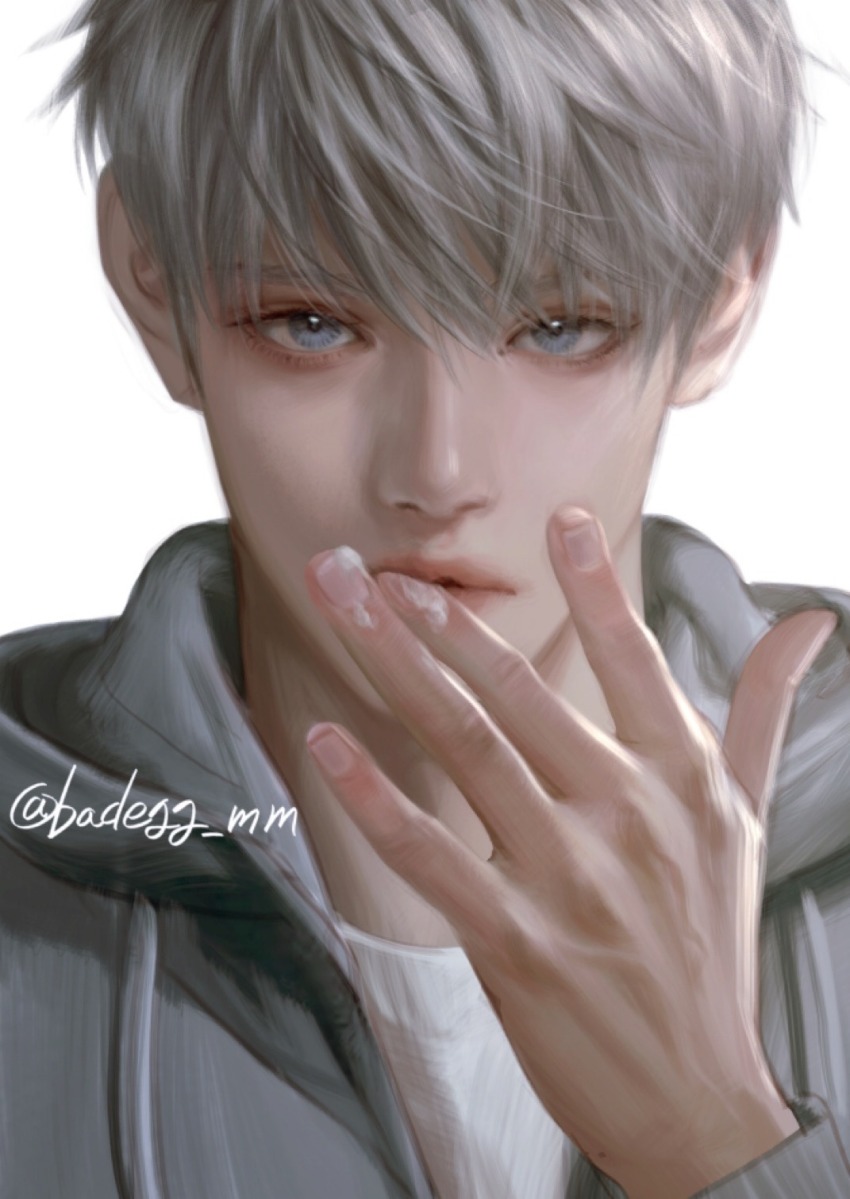1boy badegg-mm blue_eyes cum cum_on_body cum_on_fingers finger_to_mouth grey_hair grey_hoodie highres hood hoodie looking_at_viewer love_and_deepspace male_focus portrait shirt simple_background solo straight-on twitter_username white_background white_shirt xavier_(love_and_deepspace) yaoi