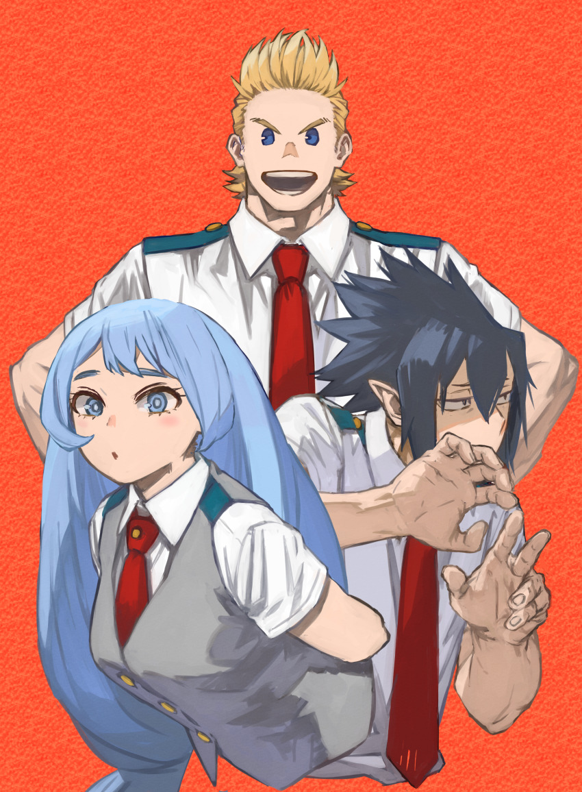 1girl 2boys absurdres amajiki_tamaki arms_behind_back black_hair blonde_hair blue_hair boku_no_hero_academia closed_eyes commentary_request grey_vest hado_nejire hands_on_own_hips highres long_hair looking_to_the_side multiple_boys necktie one_eye_closed open_mouth orange_background red_necktie scared school_uniform smile togata_mirio u.a._school_uniform vest yomoyama_yotabanashi