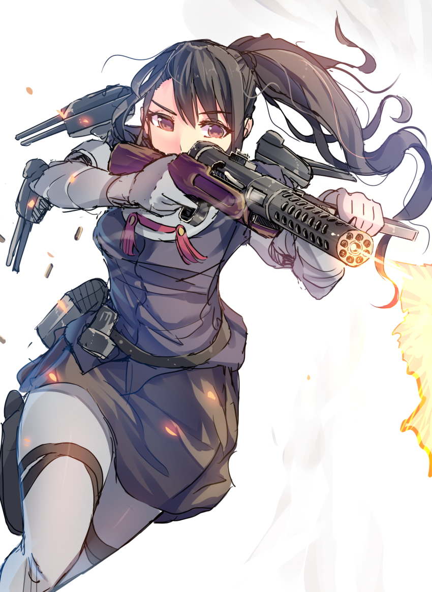 10s 1girl daito female_focus firing gloves gun highres horizontal_forward_grip kantai_collection long_hair nachi_(kancolle) pantyhose ponytail rifle side_ponytail solo submachine_gun weapon white_pantyhose