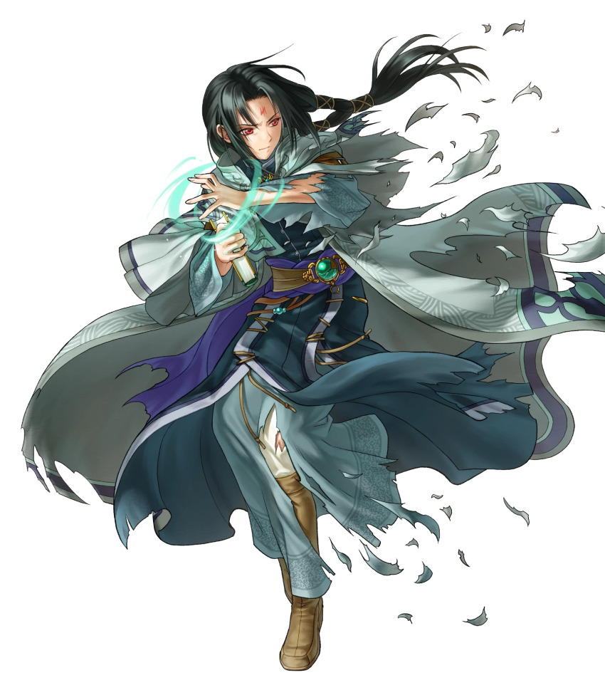 1boy black_hair book boots brooch brown_boots capelet coat facial_mark fire_emblem fire_emblem:_radiant_dawn fire_emblem_heroes forehead_mark full_body gem green_gemstone highres holding holding_book jewelry kita_senri long_hair male_focus nintendo non-web_source official_art red_eyes sash solo soren_(fire_emblem) soren_(radiant_confidant)_(fire_emblem) torn_clothes transparent_background waist_sash