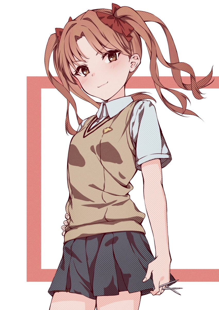 1girl bow breasts brown_eyes brown_hair brown_sweater_vest closed_mouth collared_shirt commentary grey_skirt hair_bow hand_on_own_hip highres holding holding_needle komura_hiroto long_hair looking_at_viewer needle pleated_skirt red_background red_bow school_emblem school_uniform shirai_kuroko shirt short_sleeves skirt small_breasts smile solo summer_uniform sweater_vest throwing_needles toaru_kagaku_no_railgun toaru_majutsu_no_index tokiwadai_school_uniform twintails two-tone_background white_background white_shirt