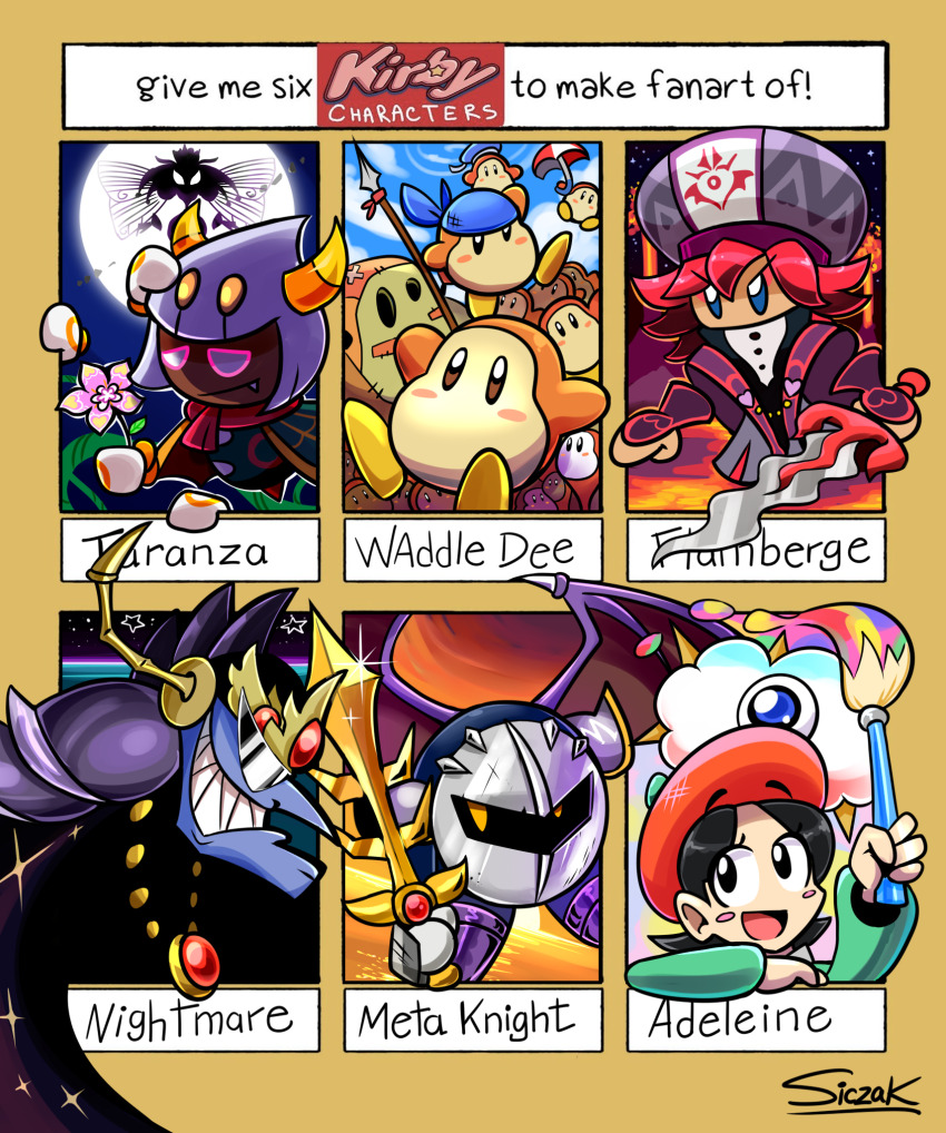 3girls adeleine armor bandana bandana_waddle_dee bat_wings beret black_hair blue_bandana blush_stickers flamberge_(kirby) flower galaxia_(sword) hat highres holding holding_flower holding_paintbrush holding_sword holding_weapon horns kirby&#039;s_adventure kirby:_star_allies kirby:_triple_deluxe kirby_(series) kracko meta_knight multiple_drawing_challenge multiple_girls nightmare_(kirby) nintendo paintbrush pauldrons queen_sectonia red_hair sailor_hat sailor_waddle_dee sharp_teeth shoulder_armor siczak signature six_fanarts_challenge sunglasses sword taranza teeth waddle_dee wapod weapon wings yellow_eyes