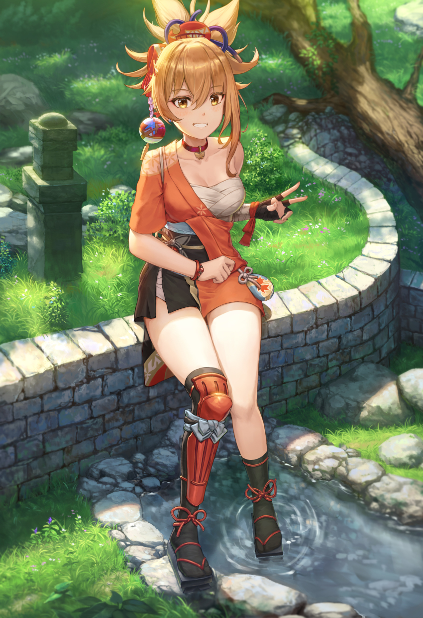 1girl absurdres black_gloves blonde_hair breasts choker cleavage commentary_request fingerless_gloves full_body genshin_impact gloves grass grin hadanugi_dousa hair_ornament highres japanese_clothes karlhe kimono leg_armor looking_at_viewer medium_breasts open_clothes open_kimono orange_kimono outdoors pouch red_choker revision sarashi sitting smile solo tabi teeth thighs v vision_(genshin_impact) wristband yellow_eyes yoimiya_(genshin_impact)