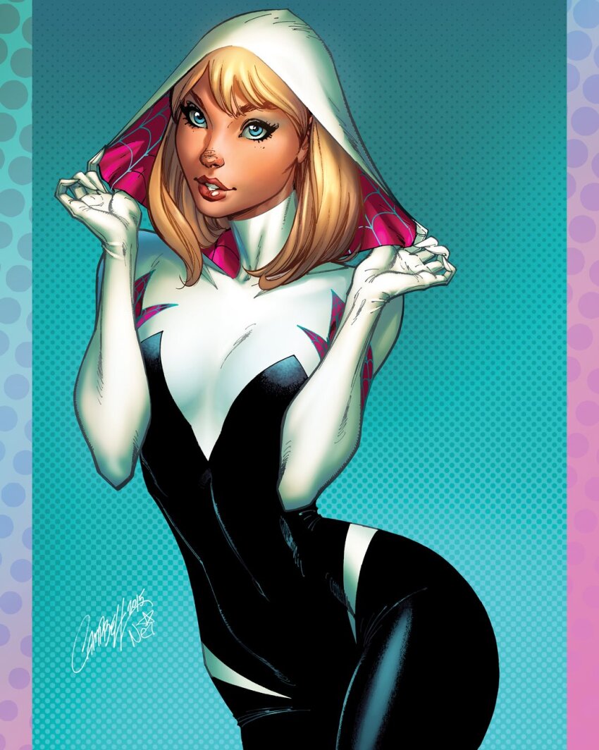 1girl black_bodysuit blonde_hair blue_background bodysuit breasts gwen_stacy highres hood hooded_bodysuit j._scott_campbell looking_at_viewer marvel pink_background signature small_breasts solo spider-gwen spider-man_(series) white_bodysuit