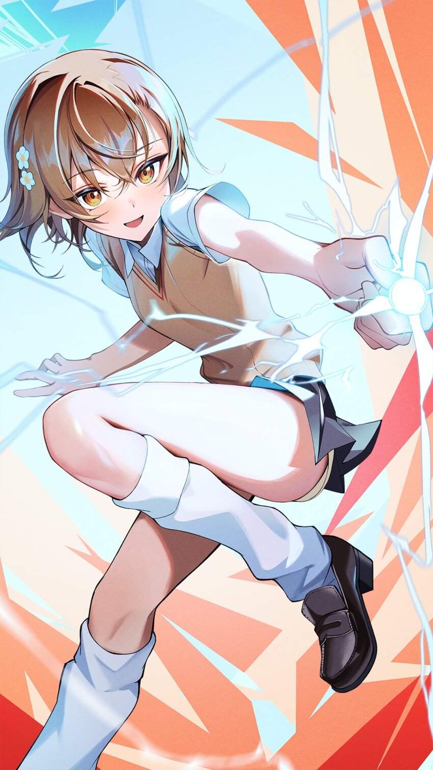 1girl asymmetrical_bangs blue_archive blue_halo brown_eyes brown_footwear brown_hair brown_sweater_vest coin collared_shirt commentary electricity electrokinesis flower grey_skirt hair_flower hair_ornament halo highres holding holding_coin kainown loose_socks misaka_mikoto open_mouth pleated_skirt psychic railgun_(misaka_mikoto) school_emblem school_uniform shirt short_hair shorts shorts_under_skirt skirt smile socks solo summer_uniform sweater_vest toaru_kagaku_no_railgun toaru_majutsu_no_index tokiwadai_school_uniform white_shirt white_socks