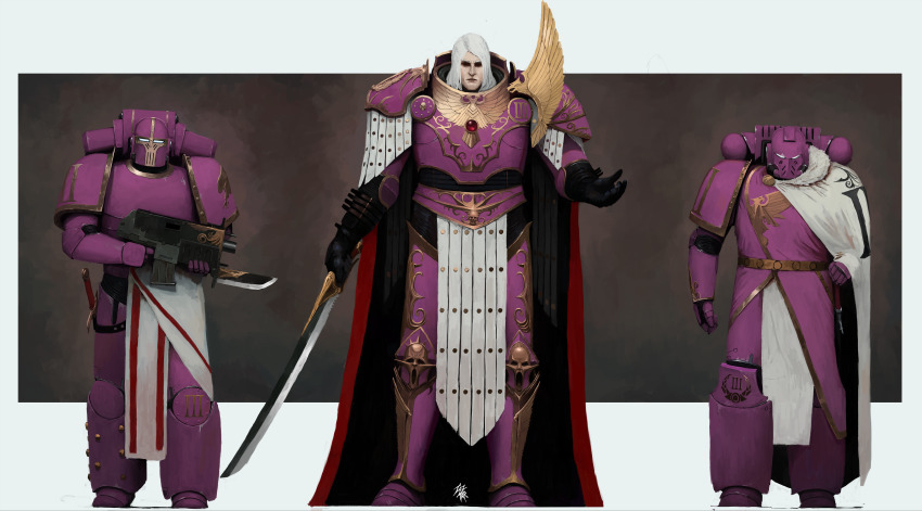 3boys abstract_background absurdres adeptus_astartes armor armored_boots artist_logo bald bolter boots breastplate cape commentary couter cuirass emperor&#039;s_children english_commentary fulgrim gem gold_trim greaves grey_armor gun highres holding holding_gun holding_sword holding_weapon leg_armor logo male_focus medium_hair multiple_boys pauldrons pelvic_curtain pink_armor poleyn power_armor primarch red_gemstone rerebrace shoulder_armor skull_ornament solo_focus square straight-on sword taz-mar warhammer_40k weapon white_cape white_eyes white_hair