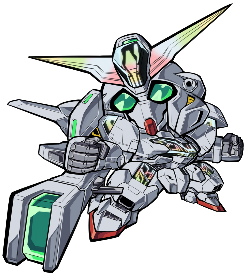 absurdres clenched_hand commentary commission english_commentary green_eyes gun gundam gundam_calibarn gundam_suisei_no_majo highres holding holding_gun holding_weapon mecha mobile_suit no_humans pillar_buster robot science_fiction simple_background solo v-fin weapon white_background