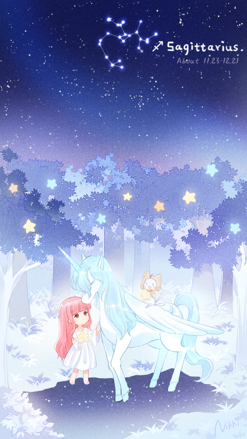 1girl barefoot blush brown_eyes bush cat commentary dated dated_commentary dress english_commentary highres holding holding_star horns long_hair looking_at_animal miracle_nikki momo_(nikki) night night_sky nikki_(nikki) nikki_(series) official_art patting pegasus pegasus_wings pink_hair sagittarius_(constellation) sagittarius_(symbol) sagittarius_(zodiac) shining_nikki signature single_horn sitting_on_animal sky star_(sky) star_(symbol) starry_sky tree white_cat white_dress yellow_cloak zodiac