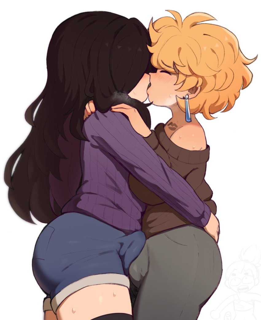 2boys black_hair blonde_hair blush bulge closed_eyes earrings erection erection_under_clothes highres jewelry kiss long_hair male_focus medium_hair multiple_boys pants penis penises_touching roland_(ms_pigtails) sergey_(ms_pigtails) shorts sky_guy_art sweat trap trap_on_trap yaoi