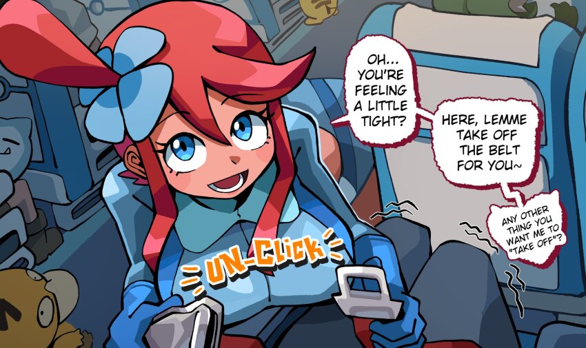 1girl 3others airplane_interior blue_eyes blue_gloves blue_jacket blue_shorts breasts crop_top cropped_jacket english_text gen_1_pokemon gloves hair_ornament highres jacket large_breasts midriff multiple_others nintendo notus_49 one_side_up pikachu pokemon pokemon_bw psyduck red_hair seatbelt short_hair_with_long_locks short_shorts shorts sidelocks skyla_(pokemon) snorlax trembling
