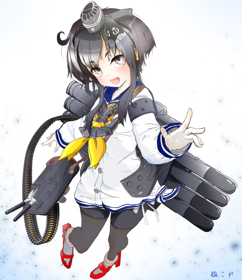 1girl absurdres ahoge anchor_choker belt black_hair black_pantyhose blue_sailor_collar fangs from_above full_body grey_footwear grey_hair gunbelt hachimaki headband highres kantai_collection multicolored_hair neckerchief nuru_(artist) open_mouth panties pantyhose red_footwear sailor_collar school_uniform serafuku ship_turret short_hair simple_background smile solo striped_clothes striped_panties tokitsukaze_(kancolle) torpedo_tubes two-tone_hair underwear white_panties white_serafuku yellow_eyes yellow_neckerchief