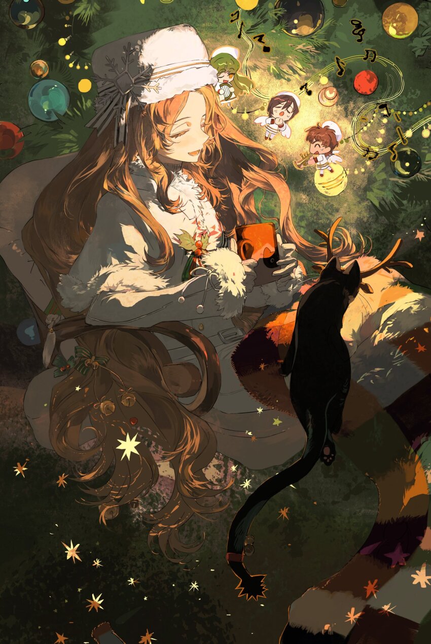 2boys 2girls arthur_(code_geass) bell black_cat blanket brother_and_sister brown_hair c.c. capelet cat chibi chibi_inset christmas christmas_lights christmas_ornaments christmas_tree closed_eyes coat code_geass code_geass:_lost_stories cup dark eyelashes fake_antlers from_side fur-trimmed_capelet fur-trimmed_coat fur-trimmed_sleeves fur_hat fur_trim gloves glowing happy hat hat_ribbon highres holding holding_cup holding_harp holding_instrument holding_trumpet holly inair instrument jingle_bell kururugi_suzaku lelouch_vi_britannia long_hair long_sleeves mug multiple_boys multiple_girls music musical_note nunnally_vi_britannia open_mouth papakha playing_instrument ribbon siblings sidelocks singing sitting smile solo_focus striped_ribbon tail tail_bell tail_ornament trumpet wheelchair white_capelet white_coat white_gloves white_hat white_ribbon