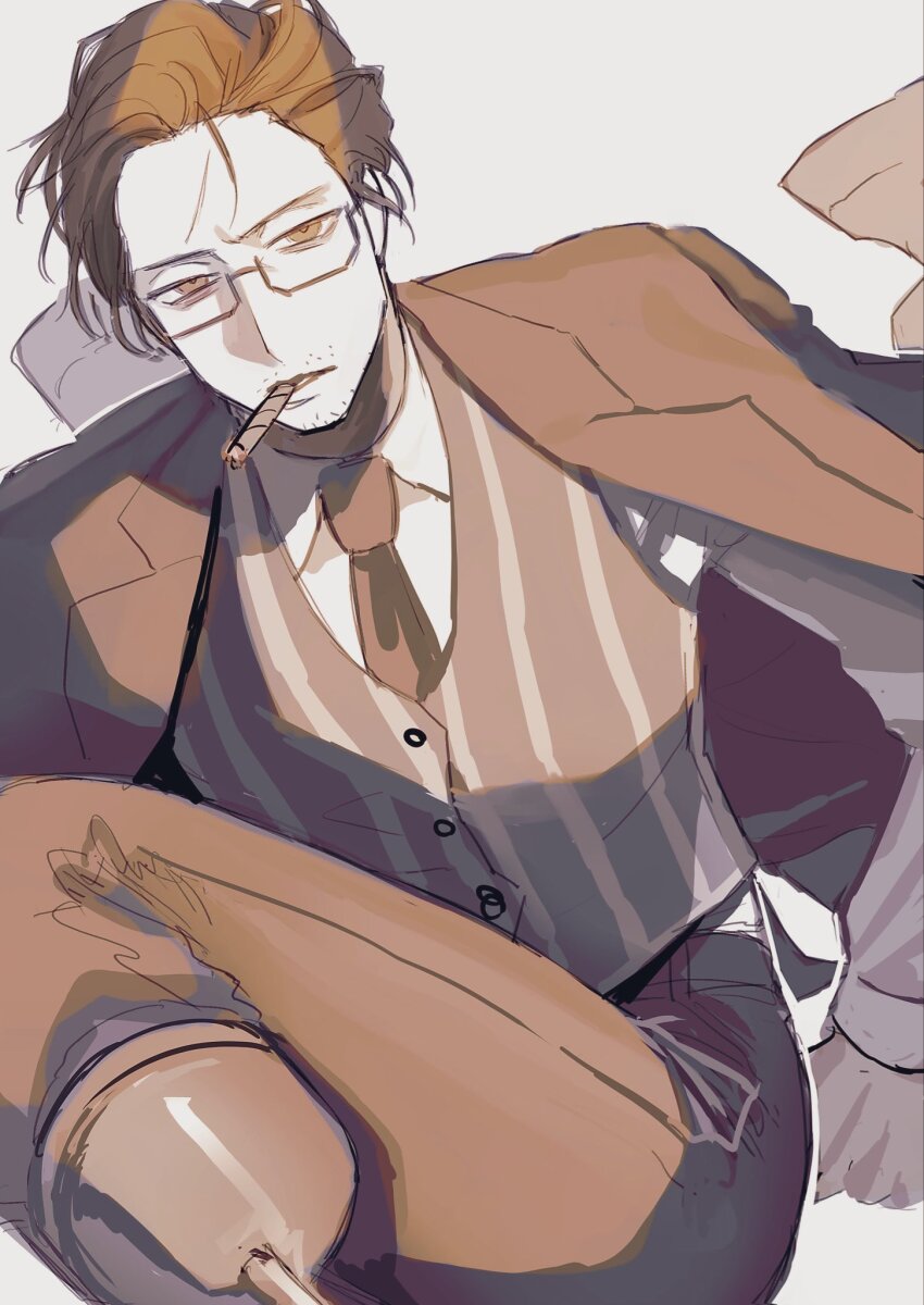 1boy beard_stubble black_jacket black_necktie brown_hair bus_gen094 cigar collared_shirt cowboy_shot facial_hair gregor_(project_moon) hair_slicked_back highres jacket jacket_on_shoulders limbus_company looking_at_viewer male_focus narrowed_eyes necktie official_alternate_costume peg_leg project_moon scar scar_on_face shirt solo striped_clothes striped_vest stubble vest white_shirt