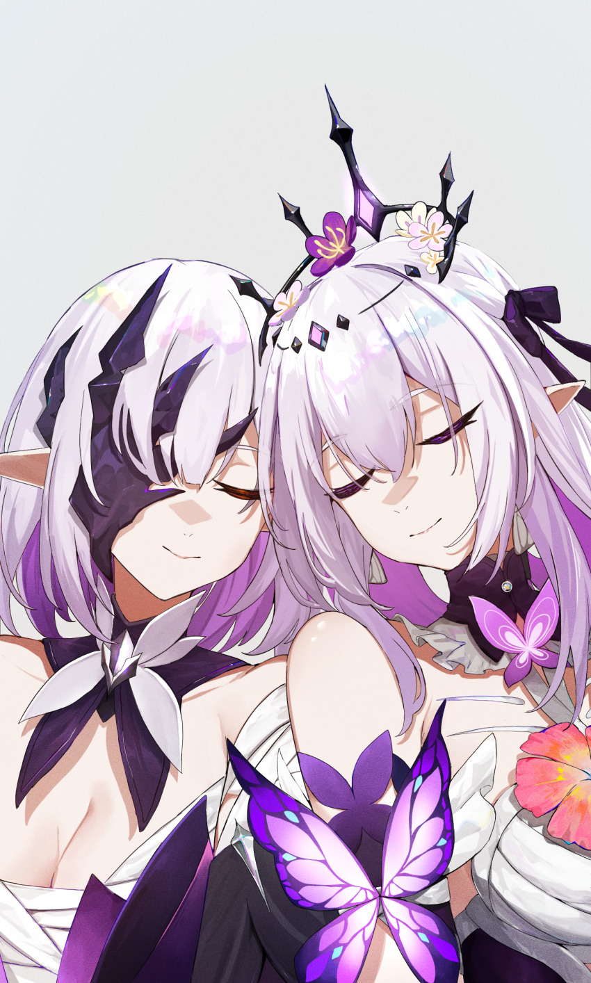 2girls absurdres ailushin black_tiara breasts castorice_(honkai:_star_rail) cleavage closed_eyes commentary dress english_commentary flower flower_ornament hair_flower hair_ornament highres honkai:_star_rail honkai_(series) large_breasts long_hair multiple_girls pointy_ears polyxia_(honkai:_star_rail) purple_hair siblings sisters smile tiara twins upper_body white_dress