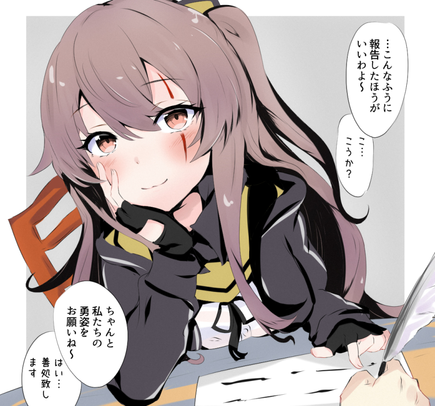 1boy 1girl black_gloves black_jacket black_ribbon brown_eyes brown_hair chair feather_nib_pen fingerless_gloves girls&#039;_frontline gloves grey_background holding holding_pen jacket long_hair neck_ribbon nib_pen_(object) one_side_up paper pen raifu_(rf) ribbon scar scar_across_eye scar_on_face shirt smile two-tone_background ump45_(girls&#039;_frontline) upper_body white_background white_shirt wooden_chair writing