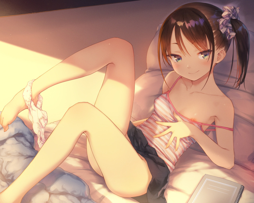 1girl absurdres bare_shoulders barefoot black_hair blue_eyes blush breasts camisole clothes_lift dusk ebihara_beniko hair_ornament hair_scrunchie highres looking_at_viewer lying miniskirt nipple_slip nipples non-web_source on_back on_bed original panties panties_around_leg scrunchie short_hair side_ponytail skirt skirt_lift small_breasts smile solo strap_slip twilight underwear white_panties