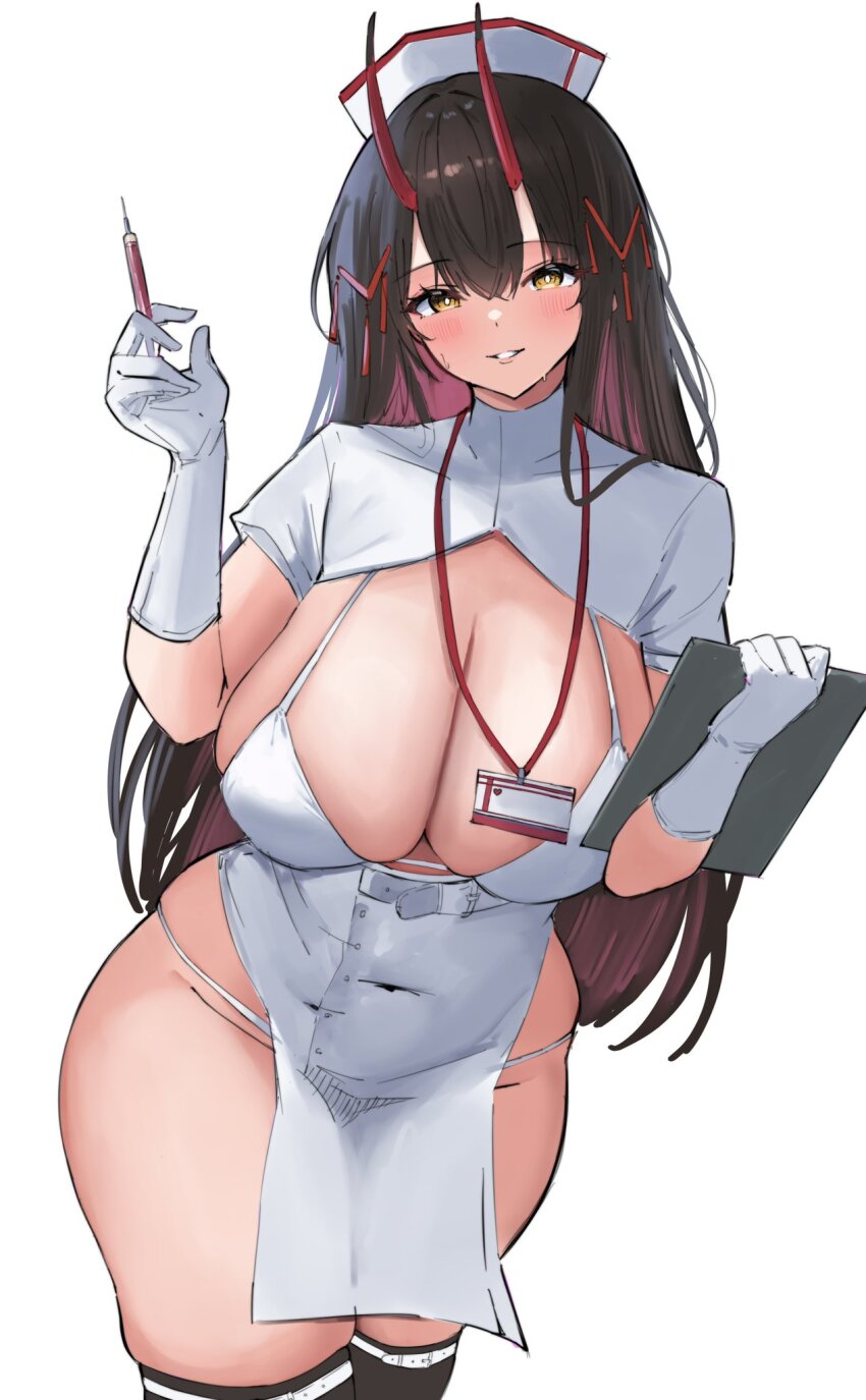1girl azur_lane black_hair blush breasts clipboard covered_navel gloves hat highres holding holding_clipboard holding_syringe horns huge_breasts looking_at_viewer nurse nurse_cap official_alternate_costume panties parted_lips red_horns simple_background solo soul_(dp11) suzuya_(azur_lane) suzuya_(midnight_care)_(azur_lane) syringe underwear white_background white_gloves white_panties yellow_eyes