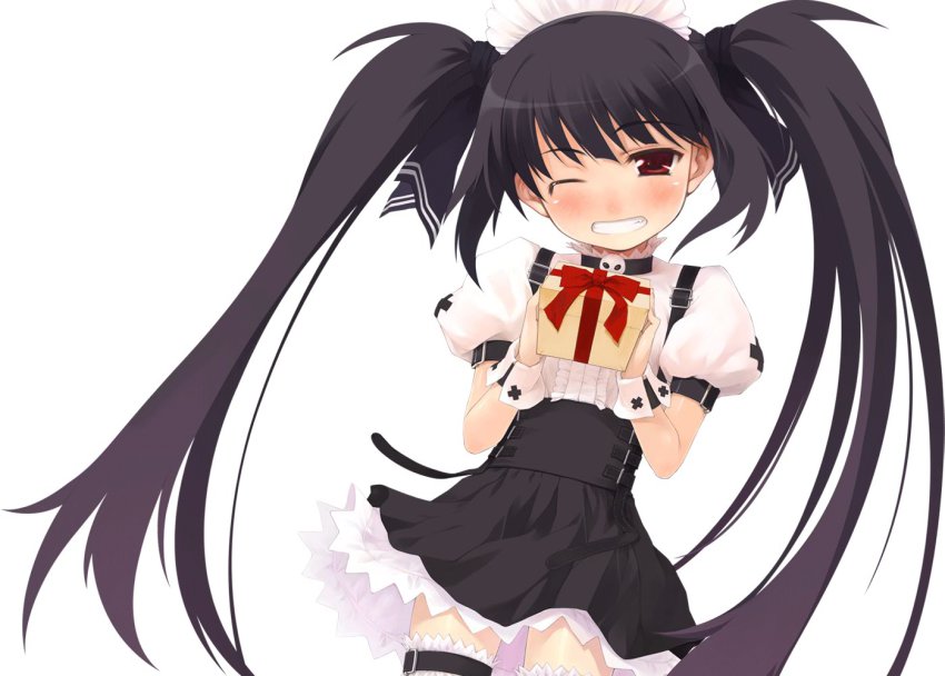 1girl black_hair blush female_focus frilled_thigh_strap frilled_thighhighs frills gift hair_ribbon hairband holding holding_gift kooh long_hair official_art one_eye_closed pangya red_eyes ribbon smile solo thigh_strap thighhighs twintails wink wrist_cuffs