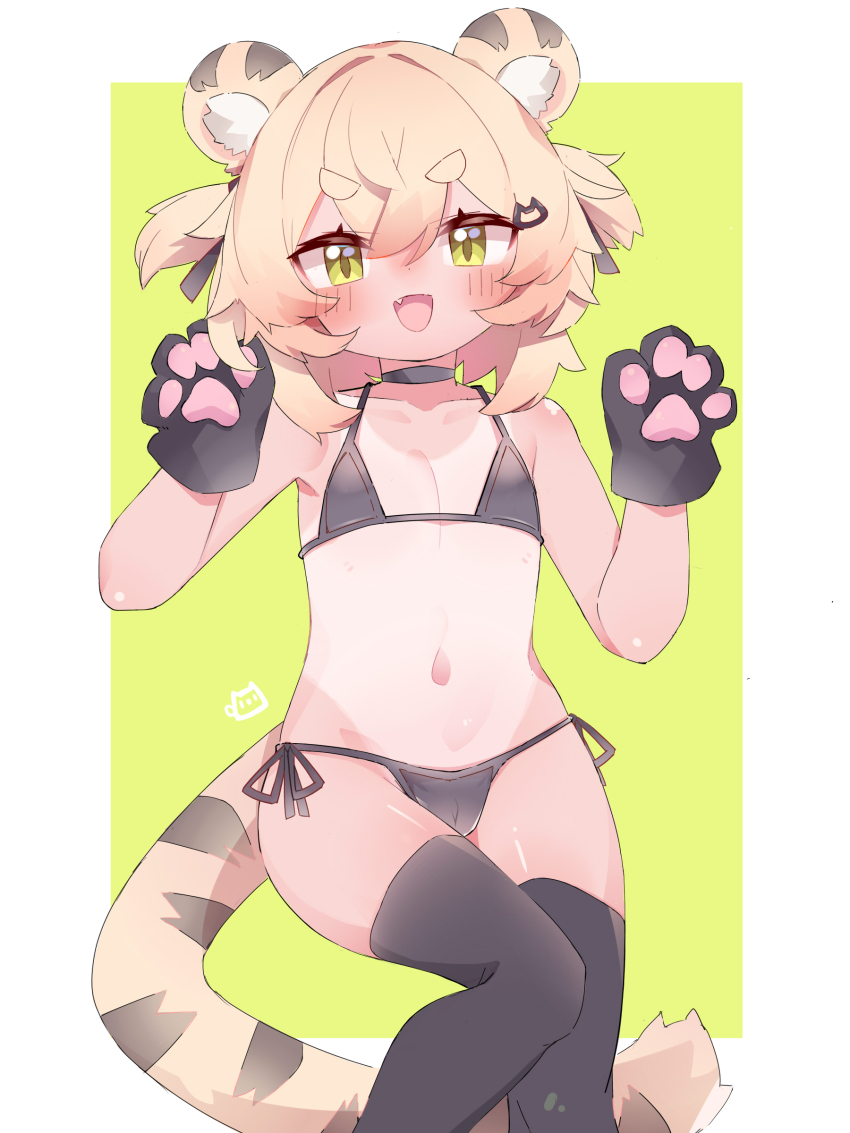 1girl :d absurdres animal_ear_fluff animal_ears animal_hands bikini black_bikini black_thighhighs blonde_hair blush cameltoe cat_hair_ornament commentary_request fang feet_out_of_frame flat_chest gloves green_background green_eyes hair_ornament hairclip highres looking_at_viewer micro_bikini navel one-piece_tan open_mouth original paw_gloves short_hair simple_background smile solo string_bikini swimsuit tail tan tanline thick_eyebrows thighhighs tiger_ears tiger_girl tiger_tail tomcat_(moconeko) toramimi-senpai two_side_up