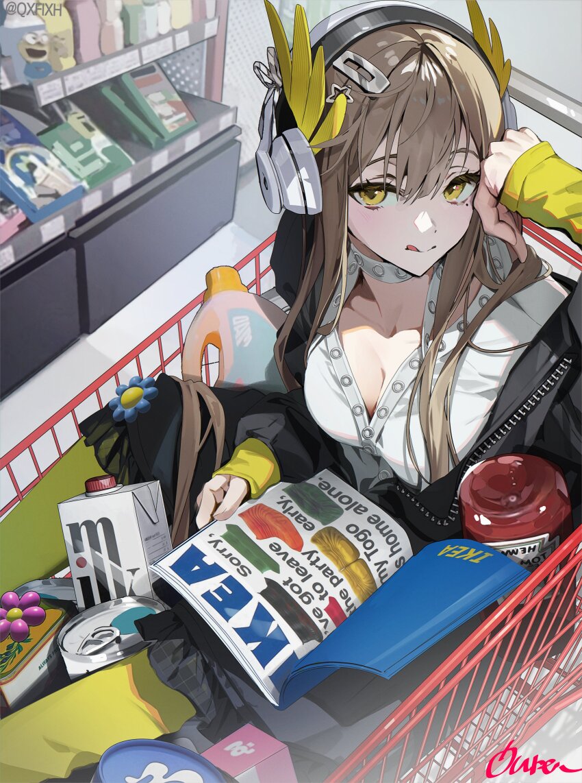 1girl :d absurdres alternate_costume arknights black_jacket book breasts brown_hair cleavage detergent elf english_text grocery_store hair_between_eyes hair_ornament hairclip headphones heinz highres holding holding_book ikea in_shopping_cart indoors jacket ketchup_bottle large_breasts laurel_crown long_hair long_sleeves looking_at_viewer milk_carton mole mole_under_eye muelsyse_(arknights) open_clothes open_jacket open_mouth pointy_ears qure_(qxfixh) shirt shopping_cart signature smile solo star_(symbol) star_hair_ornament unzipped white_shirt yellow_arm_warmers yellow_eyes