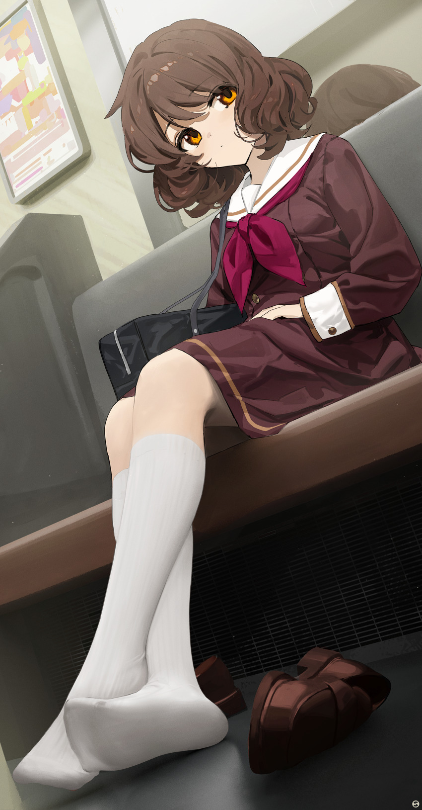 1girl absurdres bag black_bag brown_hair brown_serafuku brown_shirt brown_skirt closed_mouth commentary_request fluffy_hair hibike!_euphonium highres kitauji_high_school_uniform kneehighs loafers long_sleeves neckerchief oumae_kumiko red_neckerchief sailor_collar school_bag school_uniform serafuku shirt shoes short_hair sitting skirt socks soles solo songchuan_li unworn_shoes white_sailor_collar white_socks yellow_eyes
