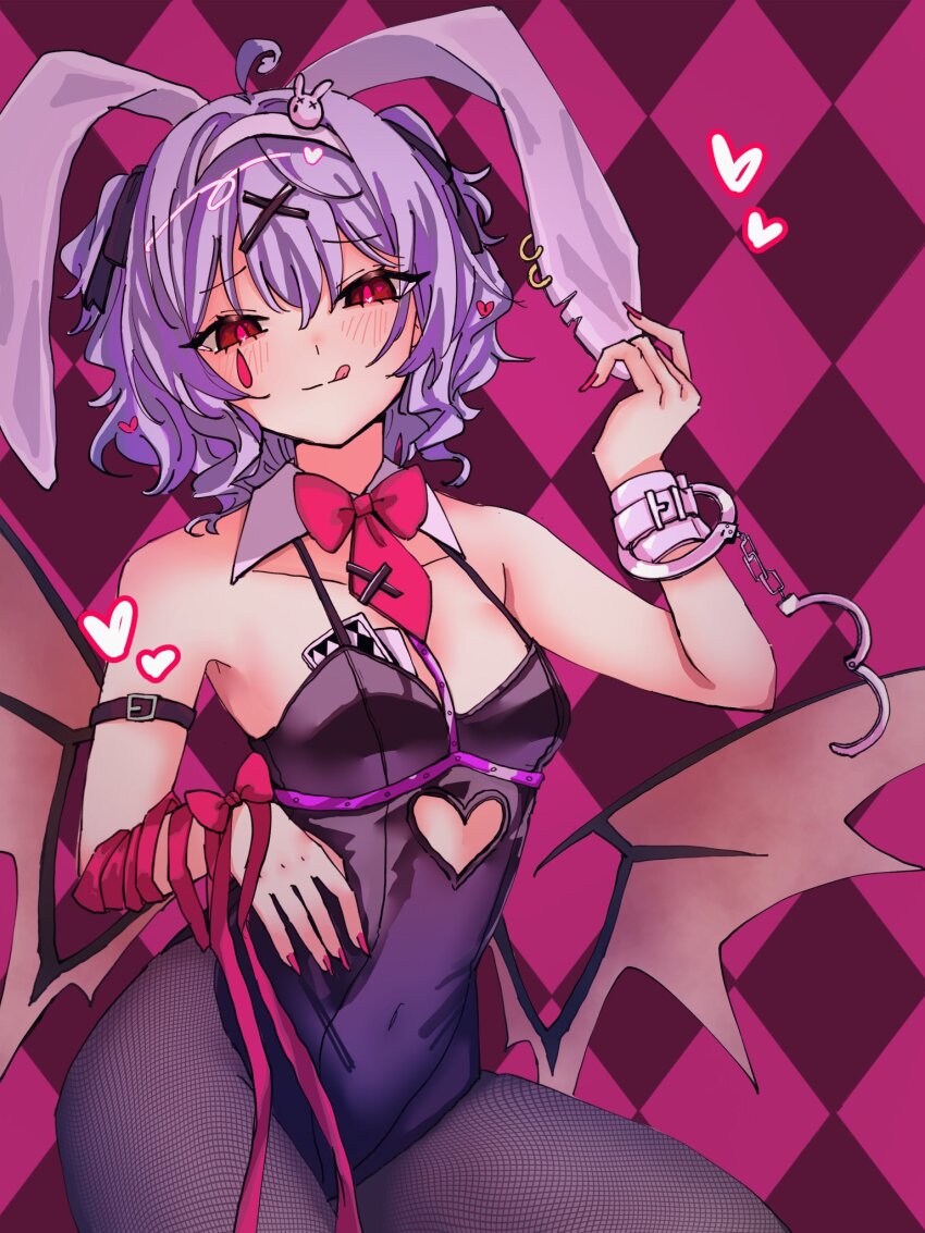 1girl alternate_costume animal_ears arm_strap bare_shoulders bat_wings black_leotard black_pantyhose black_ribbon blush bow bowtie breasts card clothing_cutout covered_navel cuffs cutout_above_navel detached_collar earrings fake_animal_ears fingernails fishnet_pantyhose fishnets hair_between_eyes hair_ornament hair_ribbon hairband handcuffs hashtag-only_commentary heart_cutout highres hua88331 jewelry leotard long_fingernails looking_at_viewer naughty_face object_in_bra pantyhose pink_bow pink_bowtie pink_hair pink_pupils pink_ribbon playboy_bunny playing_card rabbit_earrings rabbit_hole_(vocaloid) red_eyes red_nails remilia_scarlet ribbon sharp_fingernails short_hair small_breasts solo teardrop_facial_mark tongue tongue_out touhou vocaloid white_hairband wings x_hair_ornament