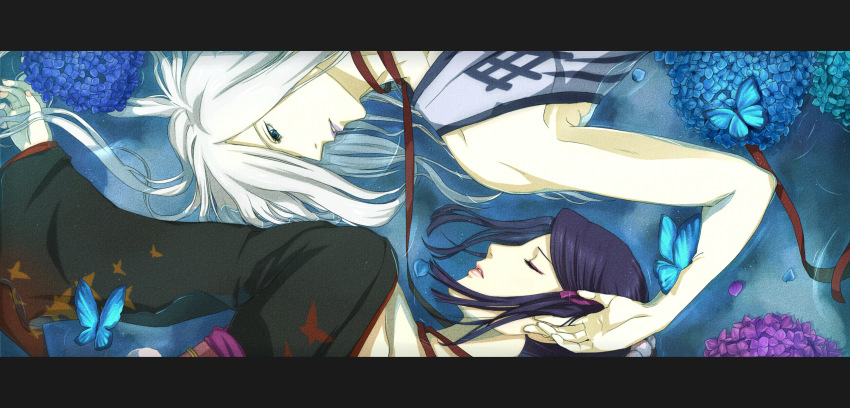 1boy 1girl akechi_mitsuhide_(sengoku_basara) anko_(tkg0705) aqua_eyes black_kimono bug butterfly closed_eyes from_above hair_over_one_eye hand_on_another&#039;s_head highres insect japanese_clothes kimono letterboxed long_hair looking_at_another lying nouhime_(sengoku_basara) on_back on_water parted_lips purple_hair sengoku_basara sidelocks white_hair