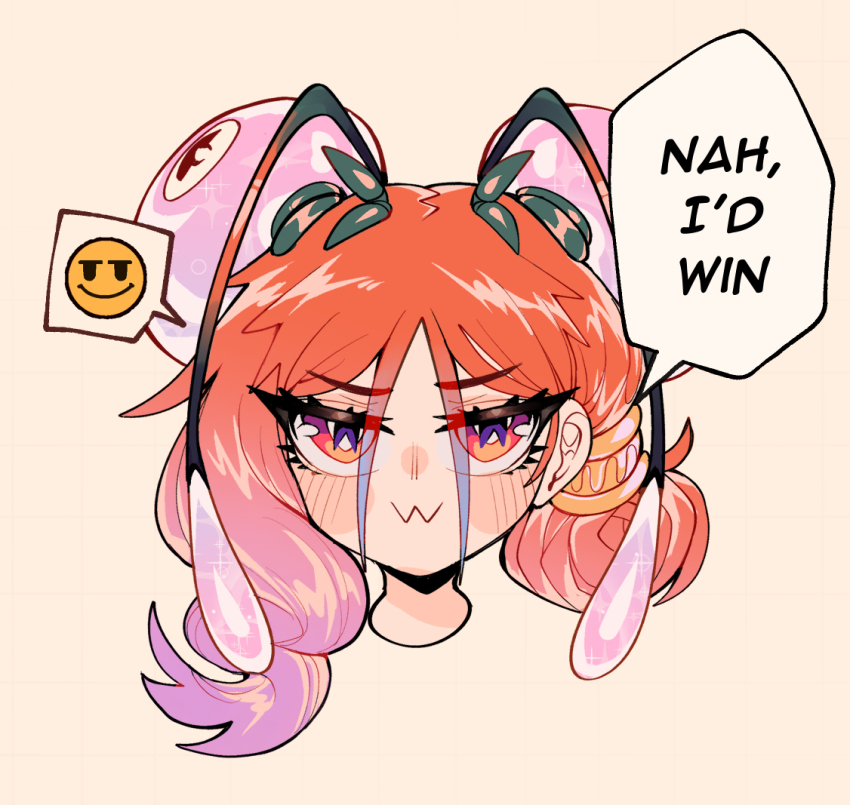 1girl antennae blush close-up closed_mouth cropped_head english_text gradient_background gradient_hair grid_background long_bangs long_hair meme monster_girl multicolored_eyes multicolored_hair multiple_views nah_i&#039;d_win_(meme) orange_eyes orange_hair original purple_eyes purple_hair shrimp_girl speech_bubble spoken_expression straight-on tsurime uni_(oni_unicorn)