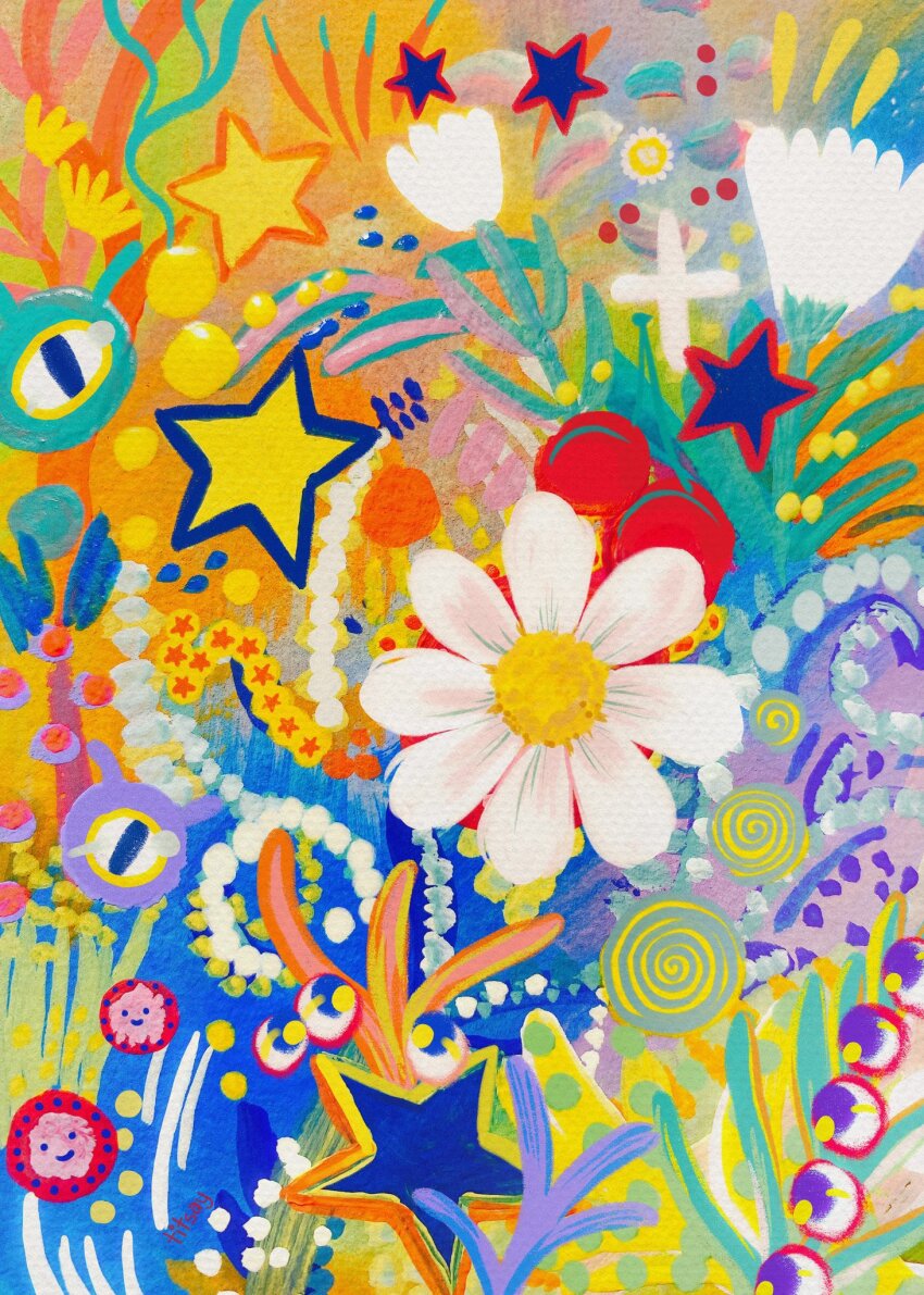 blue_background blue_eyes bubble commentary coral cross daisy disembodied_eye english_commentary flower flower_with_face gradient_background highres no_humans orange_background original psychedelic reeds spiral star_(symbol) titsay too_many