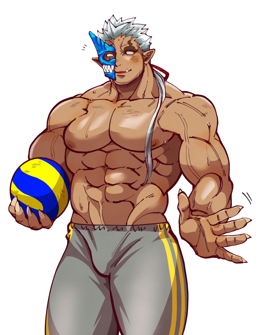 1boy abs absurdres ball bara blush bulge dark-skinned_male dark_skin fang feet_out_of_frame grey_pants half_mask highres holding holding_ball horned_mask horns kizami_nori_to_yamaimo large_pectorals long_hair male_focus mask monster_boy motion_lines muscular muscular_male navel nipples no_pupils oni_mask pants pectorals ponytail shuten_douji_(housamo) sideburns single_horn solo stomach thick_thighs thighs tokyo_houkago_summoners topless_male veins volleyball volleyball_(object) waving white_hair