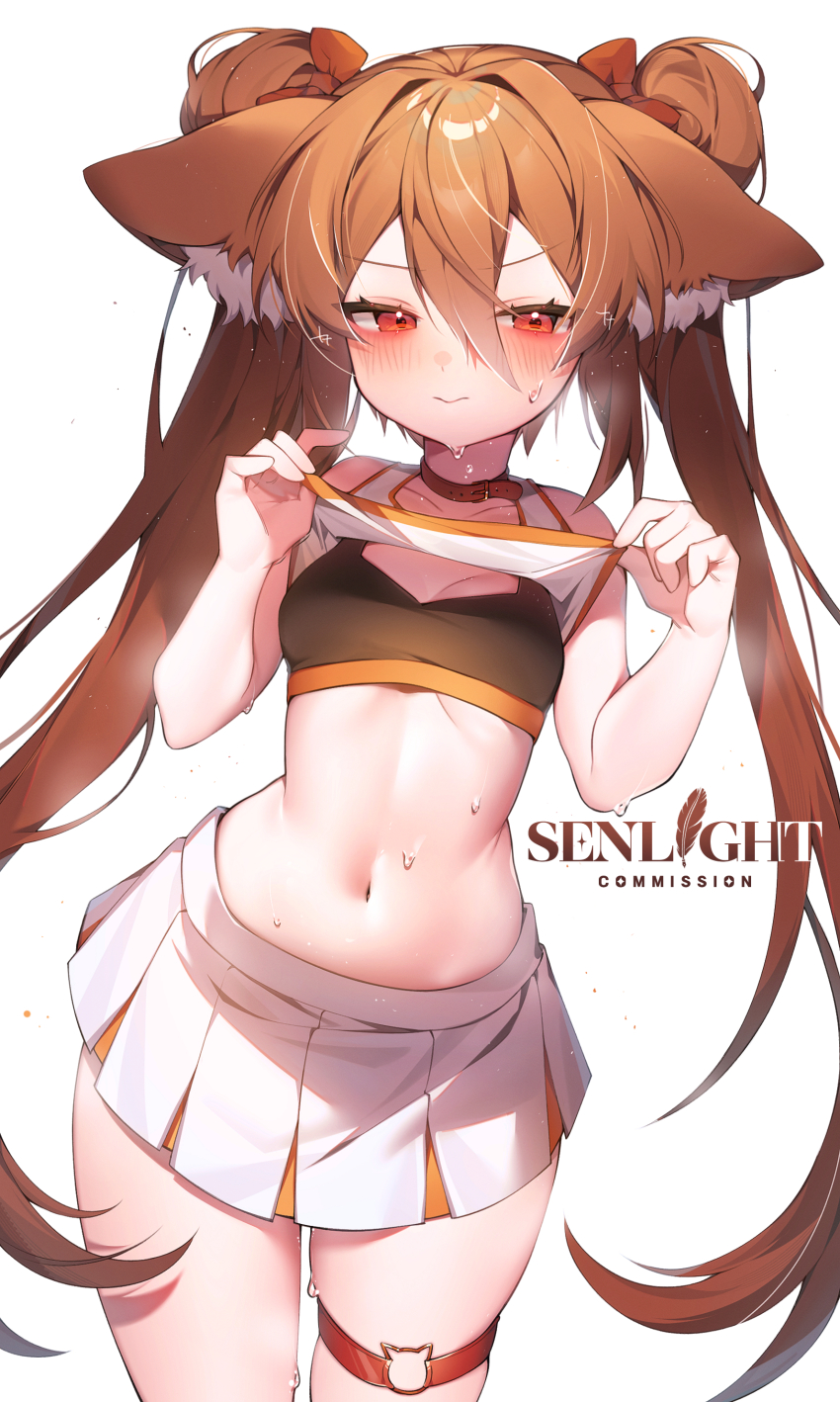 1girl 3: absurdres animal_ear_fluff animal_ears bare_arms bare_shoulders black_sports_bra bow breasts brown_choker brown_hair cheerleader choker closed_mouth clothes_lift commentary commission cowboy_shot crop_top double_bun english_commentary fox_ears hair_between_eyes hair_bow hair_bun hands_up highres lifting_own_clothes long_hair looking_at_viewer midriff miniskirt navel original pleated_skirt red_eyes sen_light shirt shirt_lift skindentation skirt sleeveless sleeveless_shirt small_breasts solo sports_bra standing stomach sweat thigh_strap thighs twintails v-shaped_eyebrows very_long_hair white_shirt white_skirt