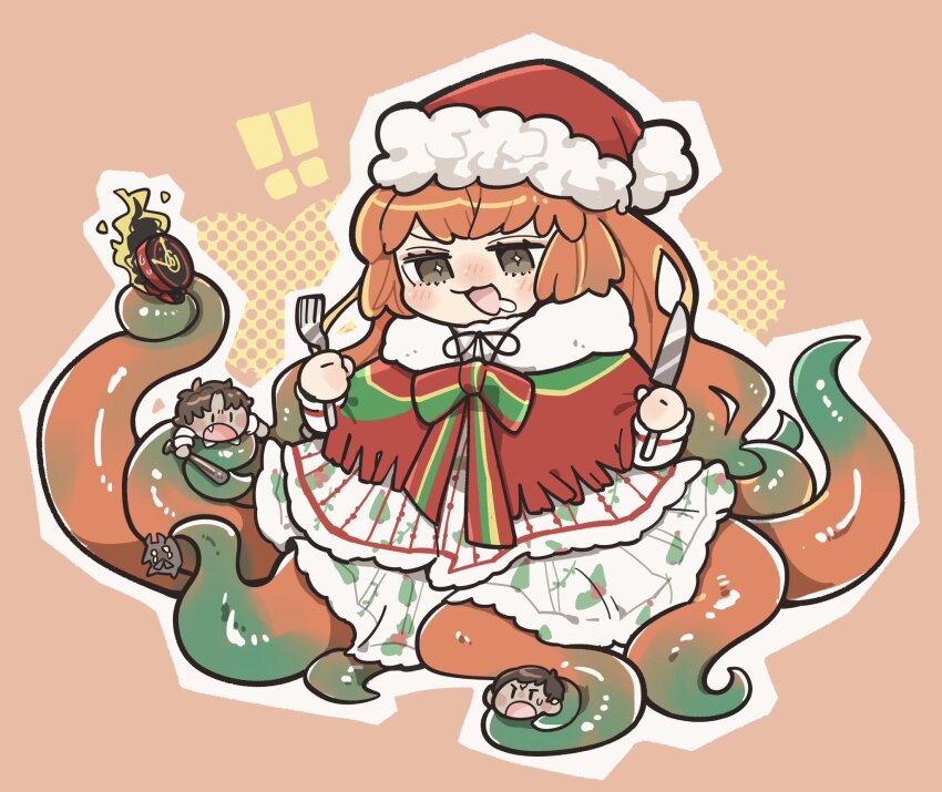 1boy 1other 2girls :d absurdly_long_hair baseball_bat blush brown_eyes capelet chibi christmas christmas_nightmare_(e.g.o) dante_(limbus_company) dress drooling e.g.o_(project_moon) fork fringe-trimmed_capelet fur-trimmed_capelet fur_trim gnome_(project_moon) gradient_hair gradient_tentacles hat heathcliff_(project_moon) highres holding holding_baseball_bat holding_fork holding_knife ishmael_(project_moon) knife kojocho05 limbus_company long_dress long_hair monster_girl mouth_drool multicolored_hair multiple_girls neck_ribbon open_mouth orange_background orange_hair outis_(project_moon) project_moon red_capelet red_hat ribbon santa_hat scylla simple_background smile solo_focus sweat very_long_hair white_dress