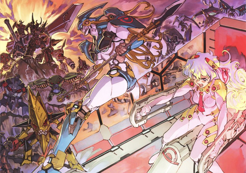 +_+ 00s ainzer alternate_universe angry bad_end blonde_hair blue_hair bodysuit byakou cockpit cosplay cross-shaped_pupils dai-gurren dayakkaiser enkidu_(ttgl) epic gember groin gurren-lagann highres kidd_knuckle king_kittan lips mecha mecha_pilot_suit moshogun multicolored_hair navel necktie nia_teppelin open_mouth plugsuit_(cosplay) plugsuit_(evangelion) polearm robot sayrune scan shuzack skin_tight solvernia sozoshin spear symbol-shaped_pupils teeth tengen_toppa_gurren_lagann tongue twin_boukun two-tone_hair weapon yoshinari_you