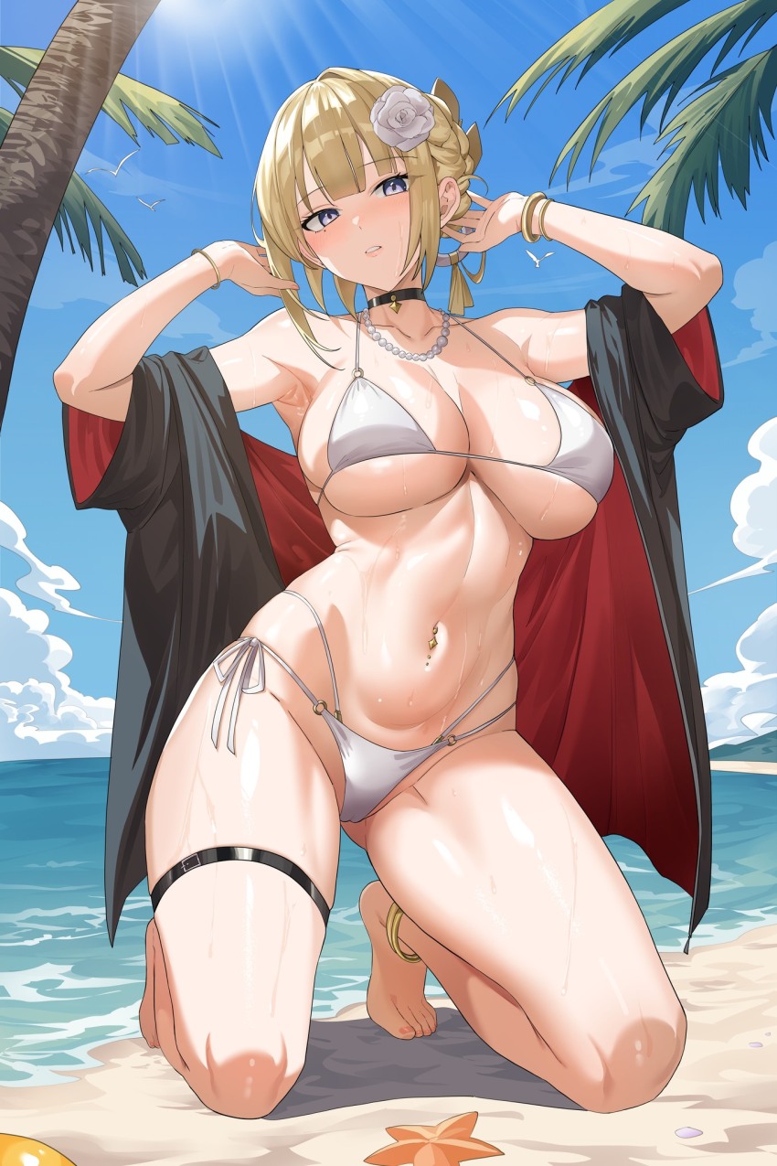 1girl anklet armpits beach bikini black_jacket blonde_hair blue_sky bracelet braid braided_bun breasts dysoor evelyn_chevalier hair_bun highres jacket jewelry kneeling large_breasts looking_at_viewer navel navel_piercing necklace off_shoulder open_clothes open_jacket outdoors palm_tree pearl_necklace piercing purple_eyes second-party_source short_hair side-tie_bikini_bottom sky solo string_bikini swimsuit thigh_strap tree zenless_zone_zero