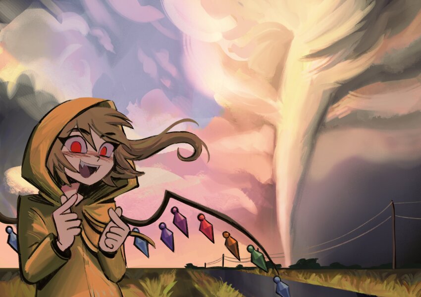 1girl blonde_hair cloud cloudy_sky commentary crystal_wings english_commentary fangs flandre_scarlet flandrepudding grass highres looking_at_viewer open_mouth outdoors raincoat red_eyes sky solo tornado touhou utility_pole