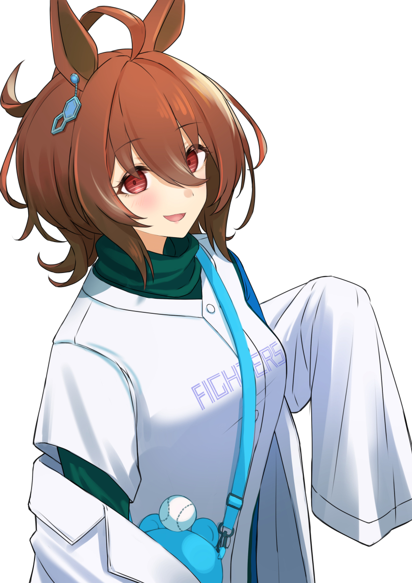 1girl absurdres agnes_tachyon_(umamusume) ahoge animal_bag animal_ears bag baseball bear_bag blue_bag blue_shirt brown_hair buttons commentary earrings green_shirt hair_between_eyes highres hokkaido_nippon-ham_fighters horse_ears horse_girl jewelry lab_coat light_blush long_sleeves looking_at_viewer medium_hair messy_hair multicolored_shirt nippon_professional_baseball off_shoulder official_alternate_costume open_mouth shirt short_sleeves shoulder_bag sidelocks simple_background single_earring sleeves_past_fingers sleeves_past_wrists solo turtleneck umamusume upper_body very_long_sleeves white_background wide_sleeves yuuki_(yu-ki0701)