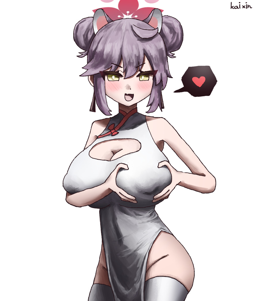 1girl absurdres animal_ears bare_shoulders blue_archive blush breasts cherry_blossoms china_dress chinese_clothes cleavage covered_erect_nipples double_bun dress fang grabbing_own_breast groin hair_bun halo heart highres huge_breasts kaede_(blue_archive) kai_xin large_breasts long_hair open_mouth purple_hair raccoon_ears red_halo skin_fang thighhighs white_dress white_thighhighs yellow_eyes