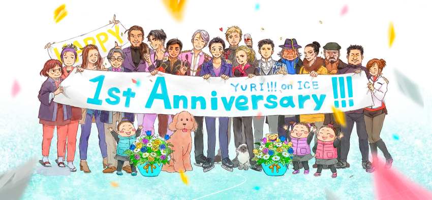 6+boys 6+girls ^_^ alcohol anniversary banner beard black_hair black_legwear blonde_hair blush blush_stickers brown_hair cat celestino_cialdini christophe_giacometti closed_eyes copyright_name cup dog drinking_glass closed_eyes facial_hair flower glasses grin hair_bun hair_slicked_back hamster hat heart highres ice_skates it&#039;s_j.j._style! jacket japanese_clothes jean-jacques_leroy katsuki_hiroko katsuki_mari katsuki_toshiya katsuki_yuuri pantyhose_under_shorts lilia_baranovskaya makkachin mao_(mao_kome) mole mole_under_eye multiple_boys multiple_girls nikolai_plisetsky nishigoori_axel nishigoori_loop nishigoori_lutz nishigoori_takeshi nishigoori_yuuko okukawa_minako otabek_altin pantyhose phichit_chulanont ponytail puma_tiger_scorpion sandals scarf shorts silver_hair single_hair_bun skates smile track_jacket twintails v viktor_nikiforov wine wine_glass yakov_feltsman yuri!!!_on_ice yuri_plisetsky
