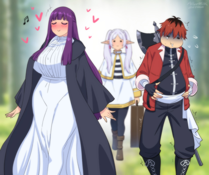 1boy 1futa 1girl =_= artist_name axe bandaged_hand bandages battle_axe belt belt_buckle black_belt black_boots black_coat black_gloves black_hair black_pants black_pantyhose blunt_bangs blush boots breasts briefcase brown_boots buckle bulge capelet closed_eyes closed_mouth coat collared_capelet commentary cum_inflation dated dress earrings elf erection erection_under_clothes fern_(sousou_no_frieren) fingerless_gloves flying_sweatdrops frieren futanari gloves heart holding holding_briefcase huge_breasts inflation jacket jewelry lace-up_boots long_hair long_sleeves multicolored_hair musical_note open_clothes open_coat open_jacket pants pantyhose parted_bangs pointy_ears purple_hair red_hair red_jacket short_hair skirt smile sousou_no_frieren stark_(sousou_no_frieren) stomach_bulge twintails walking weapon weapon_on_back white_capelet white_dress white_hair white_skirt zheng