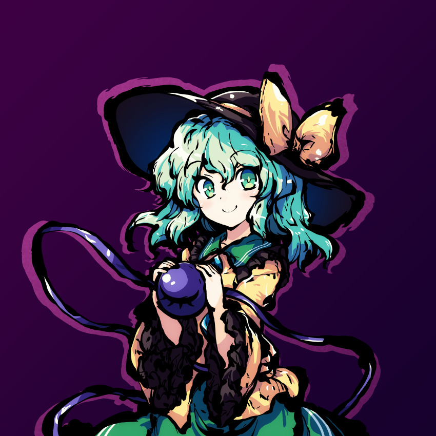 1girl absurdres black_hat black_outline blush bow collar frilled_collar frilled_sleeves frills green_eyes green_hair green_skirt hat hat_bow highres holding_eyeball komeiji_koishi long_sleeves looking_at_viewer outline pioartstuff purple_background purple_outline shirt simple_background skirt smile solo third_eye touhou wide_sleeves yellow_bow