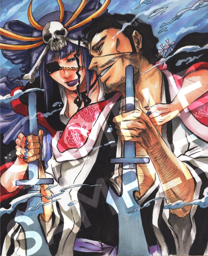 1boy 1girl absurdres bleach drill_hair dual_wielding eyepatch facial_hair grabbing_from_behind grin haori hat highres holding holding_sword holding_weapon hug japanese_clothes katen_kyoukotsu kimono kyouraku_shunsui lipstick long_hair looking_at_another makeup monster_art_(rlawnsgr7) purple_hair simple_background smile standing sword taichou_haori weapon zanpakutou