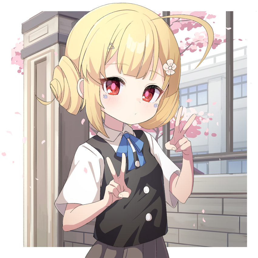 1girl ahoge ame. azur_lane black_vest blonde_hair blue_bow bow branch brick_wall building closed_mouth collared_shirt commentary_request day double_bun double_v eldridge_(after-school_good_girl)_(azur_lane) eldridge_(azur_lane) flower grey_skirt hair_bun hair_flower hair_ornament highres looking_at_viewer pleated_skirt railing red_eyes revision shirt short_sleeves skirt solo v vest white_flower white_shirt window