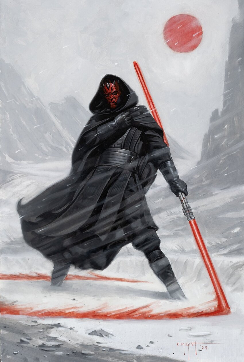 1boy alien black_boots black_cloak black_pants black_tunic boots cloak colored_skin darth_maul double_bladed_lightsaber energy_sword erik_gist highres holding holding_sword holding_weapon hood hooded_cloak horns lightsaber outdoors pants red_lightsaber red_skin red_sun signature sith snow snowing standing star_wars sword tunic weapon zabrak